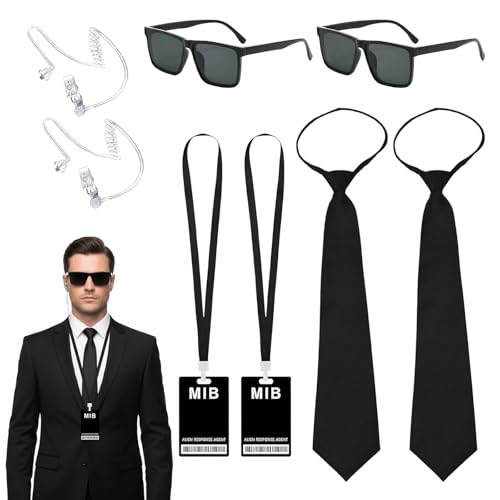 RQcMid Men in Black Kostüm, 10-teiliges Set für Männer und Frauen, FBI Agenten Verkleidung, Polizei Kostüm, MIB Kostüm, inklusive 2 Sonnenbrillen, Schwarz und Grau