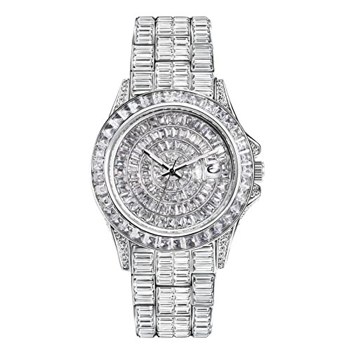 ICEDIAMOND Iced Out Luxus-Armbanduhr mit CZ-Diamanten im Vollbaguette-Stil, 42 mm Bling-Zirkonia-Kalender, rundes Zifferblatt, vergoldete Uhr für Herren (White)