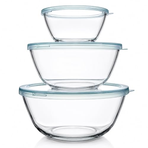 Luvan Glass Mixing Bowls with Lids Set(4.5QT, 2.7QT, 1.1QT)-Large Glass Mixing Bowls, Clear Salad Bowl for Baking, Cooking, Serving, Food Prep, 3PC Nesting Bowls for Kitchen Storage & Dishwasher Safe