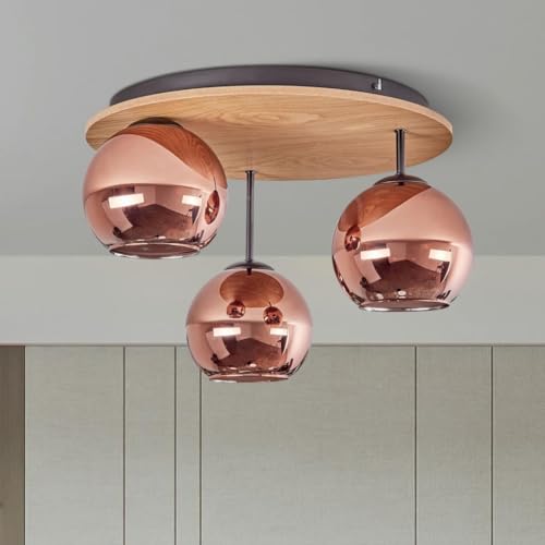 Plafonnier moderne en verre de prestige avec châssis en bois noble et finitions or rose