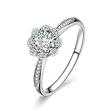 Daesar 18ct White Gold Rings for Women Ring Engagement, Gold Ring Promise for Women Flower Round Diamond 0.16ct White Gold Ring Size 10.5