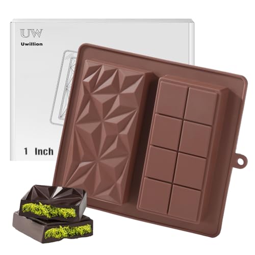 UWILLION Deep Chocolate Bar Mold Silicone 1 Inch Dubai Pistachio Chocolate Bar Thick Mold for Stuffed Bar Large Candy Mould for Filling Brown