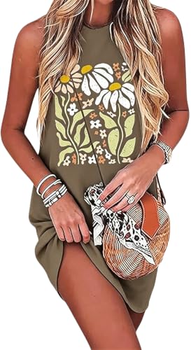 Image of Sun Salt Sand Coconut Tree Tank Mini Dress for Women Sleeveless Beach Praty Shirts Summer Vacation Short Mini Dresses