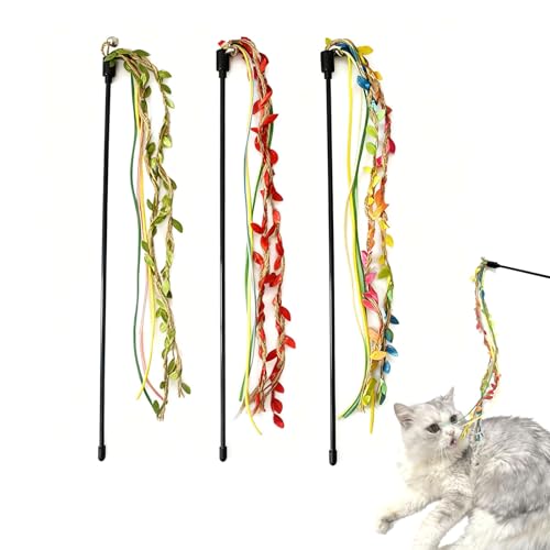 IUHKBH Cat Wands, 3 PCS Colorful Teaser Toy Handcrafted Jungle Wicker Kitten Wands Interactive Cat Toy for Indoor Cats Enrichment, Safe Kitty Toy for All Breed Sizes