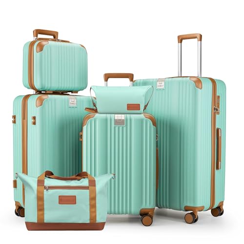 Image of Luggage Set 6 Piece Luggage with PC+ABS Hardshell TSA Lock Spinner Wheels Carry on Lightweight Suitcase Cup Holder,YKK Zippers and Hoot(Green, 6 piece sets(14 /20 /24 /28 /DB /TB))