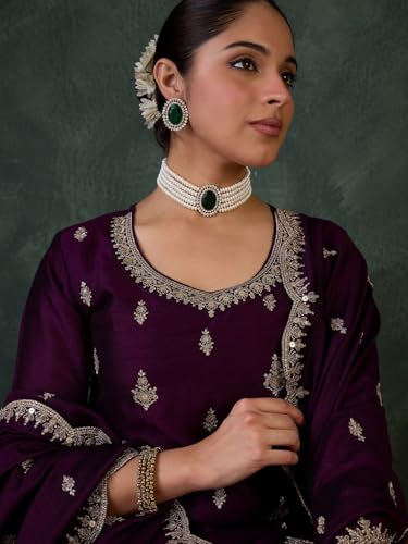 Image of INDO ERA Women's Straight Silk Blend Ethnic Motifs Embroidered Kurta & Pant with Dupatta Set (IESTR10550)