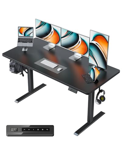 Image of FEZIBO One-Piece Standing Desk Adjustable Height Stand up Home Office Desk, 55x24 Inch Electric Standing Computer Desk, with 4 Memory Presets, Headphone Hook, Black