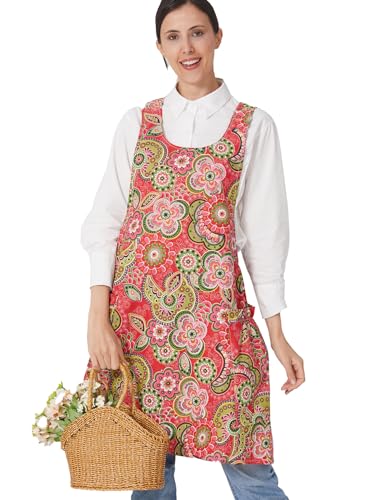 APRONNER Cozy Adjustable Cross Back Aprons for Women with Pockets Cotton Linen Cooking Kitchen Baking Red Flowers