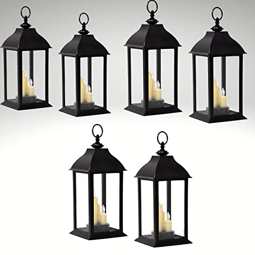 Decorative Black Lantern Set (6 Pack, 13"), 3 LED Flameless Candles Each, 5-Hour Timer, Indoor Outdoor Hanging Lanterns for Patio, Porch, Wedding Decor
