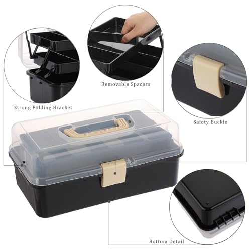 Image of BTSKY 3-Layer Plastic Dividing Storage Box Craft Organizer and Storage | Portable Handled Art Supply Organizer with Adjustable Spacers Multipurpose Home Utility Box for Medicine Sewing(Black+Beige)