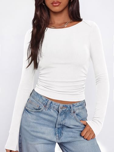 BTFBM Womens Long Sleeve T Shirts Spring Clothes 2026 Ribbed Slim Fit Boat Neck Casual Going Out Tops Workout Outfits(White, XX-Large) - image 8