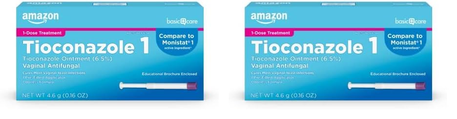 Amazon Basic CareTioconazole Ointment 6.5 Percent, Vaginal Antifungal, 1-Dose Treatment, Vaginal Yeast Infection Treatment for Women, Feminine Care, 0.16 Ounce (Pack of 2)