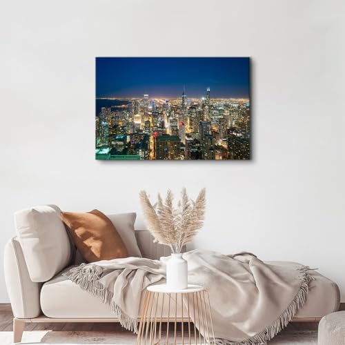 Image of AREBOLO Chicago Skyline Wall Art America Famous City Night View Paintings Canvas Prints Cityscape Buildings Wall Decor Bedroom Decorations Modern Posters Framed Large Artwork 24x36 Ready to Hang