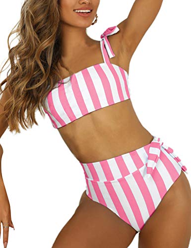 Blooming Jelly Womens High Waisted Bikini Set Tie Knot Bathing Suit Striped Hi Rise Two Piece Swimsuits (X-Large, Pink Striped)