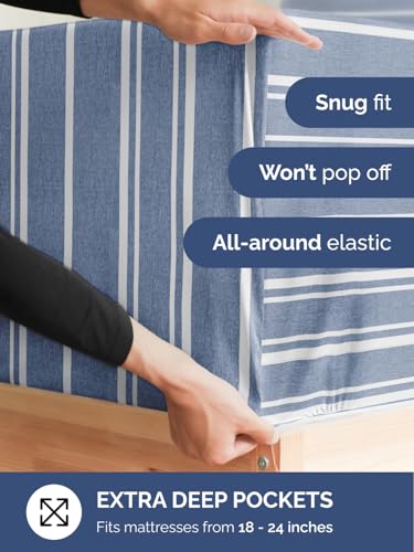 Image of Extra Deep Cal King Fitted Sheet - Single Fitted Sheet Only - Blue Stripes | Easily Fits 18 inch to 24 inch Mattress, Soft, Wrinkle Free, Breathable & Comfy, Extra Deep Pockets Hotel Luxury Fitted Sheet