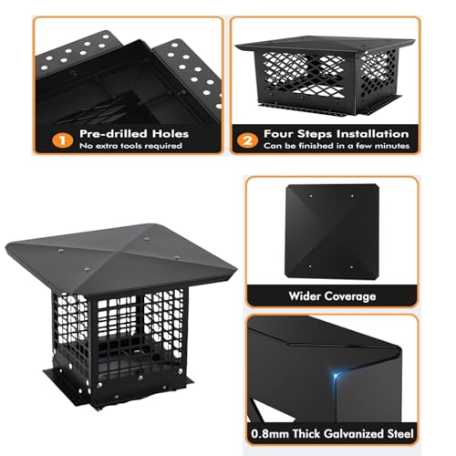 Chimney Cap, 13x13 Inches Square Chimney Cover, Galvanized Steel Fireplace Chimney Caps with Adjustable Bottom, Mesh Covers for Outside Existing Clay Flue, Black