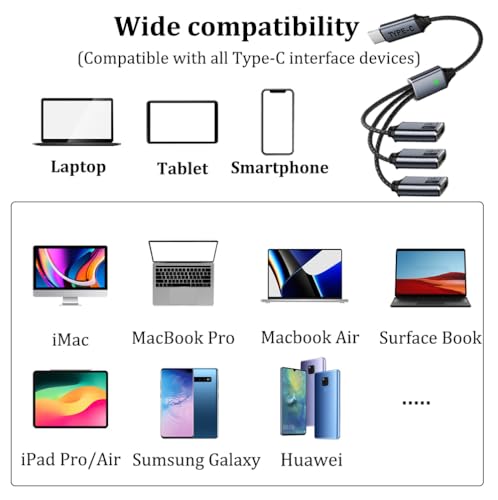 USB C Splitter 1 in 3 Out, USB Typ C Verteiler Mehrfach, USB C Doppelstecker Adapter Kabel, Daten und Ladegerät, kompatibel mit iPhone 16/15, iPad, MacBook, Samsung Galaxy, mit USB Adapter