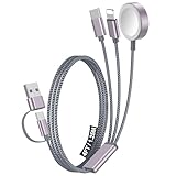 1Pack Multi Charging Cable Cord for Travel Essentials,Apple Watch Charger,iPhone Charger,[3-in-2] Type C/L Cable Portable Designed for iWatch,iPhone 17-8,Galaxy S25-21,AirPods,iPad-4FT Gray