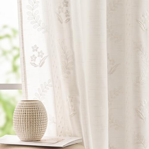 Image of jinchan Floral Linen Curtains 63 Inch Farmhouse Back Tab 2 Panels