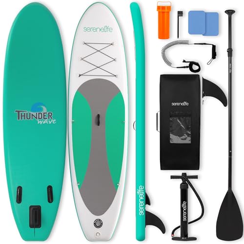 Image of SereneLife 10' Inflatable Stand Up Paddle Board with Premium SUP Accessories - Wide Stable Design with Non-Slip EVA Deck Pad, for Youth and Adults, 350 lbs. Capacity