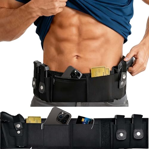 ZONSUSE Funda Pistola de Banda para el Vientre, Funda para Pistola Táctica Oculta, con Bolsillo para Teléfono con Cremallera, 2 Bolsillos para Cargadores, para Glock 19, 17, Ruger LCP, S&W M&P Shield