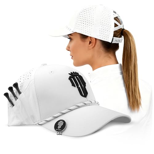 Adjustable Golf Cap for Women – Breathable Ladies Golf Hats for Women with Magnetic Ball Marker & Tee Holders, Lightweight Women's Golf Hat, Ponytail-Compatible, Athletic Womens Hats - White