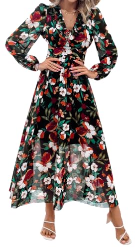 Image of Sister Amy Women's Boho Floral Print Square Neck Beach Party Flowy Ruffle Midi Dress