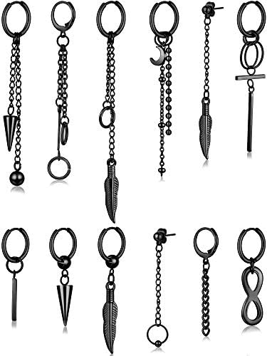 12 Pieces Hoop Dangle Earrings For Men Stainless Steel feather Hinged Pendant Earrings Long Chain Earrings (Black)