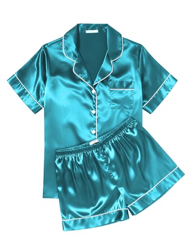 Image of Ekouaer Womens Silk Satin Pajama Sets Soft Short Sleeve Button Down Sleepwear Top and Shorts 2 Piece Pjs Lounge Set