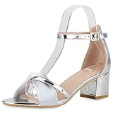 sandaletten damen beige  VAN HILL Damen Klassische Sandaletten Blockabsatz Schuhe Satin-Optik Mid Heels Abendschuhe Leder-Optik Partyschuhe 211133 Silber 40