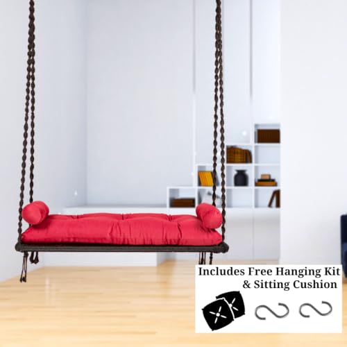 Image of Patiofy Double Seater Plank Swing for Adults | Indoor and Outdoor Use | Jhula for Adults with Red Sitting Cushion & with Round Bolster Pillow | Hanging Kit Included | Weight Capacity - 150 Kg - Black