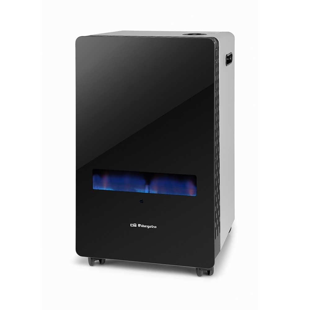 Estufa gas llama azul. Frontal de cristal templado. Apta para gas butano y propano. Potencia máxima 3800W.