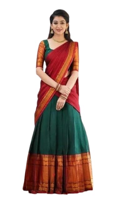 Unstitched Multicolor South Indian Silk Lehenga Set with Blouse Piece & Dupatta | Traditional Half Saree Style for Women