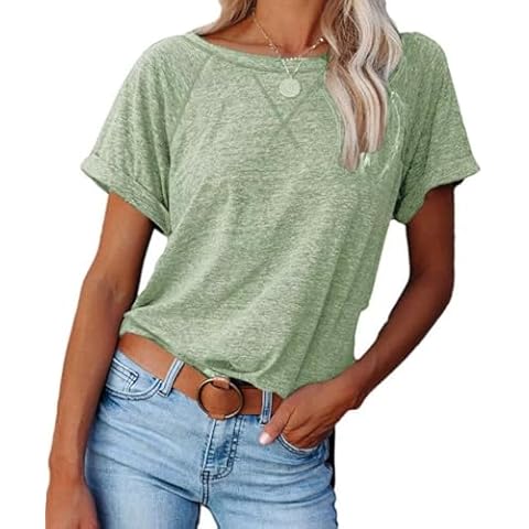 Welity Short Sleeve Cotton T Shirts for Women Loose Fit Summer Tops Casual Crewneck Tees, 1# Pea Green, Small Cover