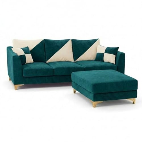 Image of Juliet 4 Seater L Shape Sofa Set with Movable Ottomans | Flexible Layout | Rich Velvet Suede Fabric | Silver Legs | Dual Tone Modern Sofa for Living Roomn(Green Teal-Cream)