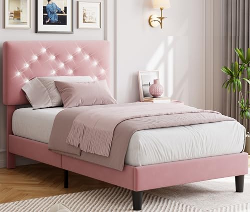 GAOMON Twin Bed Frame with Headboard, Upholstered Platform Bed Frames Twin Size with Crystal Diamond Tufted for Girls/Kids Easy Assembly, Wooden Slats Support, No Box Spring Needed, Pink