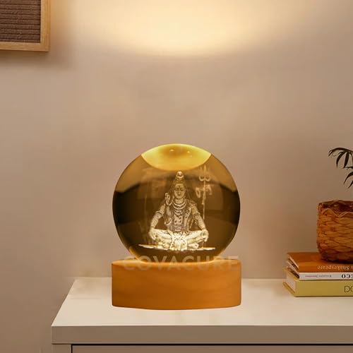 Image of COVACURE 3D Shiv Crystal Ball Night Lamp, Crystal Ball Night Light with USB, LED Wooden Base Table Lamp for Bedroom Home Office Decoration Birthday Gift for Boys Girls (Shiv 3D Lamp)