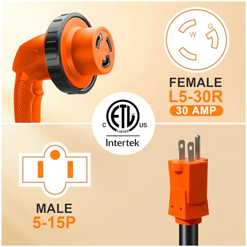 Image of RV 30 Amp to 110 Adapter with Locking Connector, 5-15P to L5-30R | 90 Degree Design, Upgraded Grip Handle, Twist Lock Connection, 12 Inch, 125V 1875W