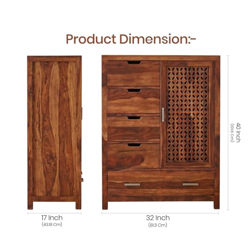 Image of Amazon Brand - Solimo Solid Sheesham Wood Truva Sideboard Cabinet with 5 Drawers & 1-Door Storage | Storage Cabinet for Living Room, Kitchen & Bedroom Organizer Chest of Drawers (Honey Finish)
