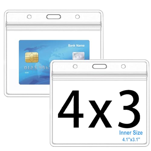 Thick Horizontal ID Card Name Tag Badge Holder with Waterproof Type Resealable Zip (Horizontal 4x3, 6Packs)