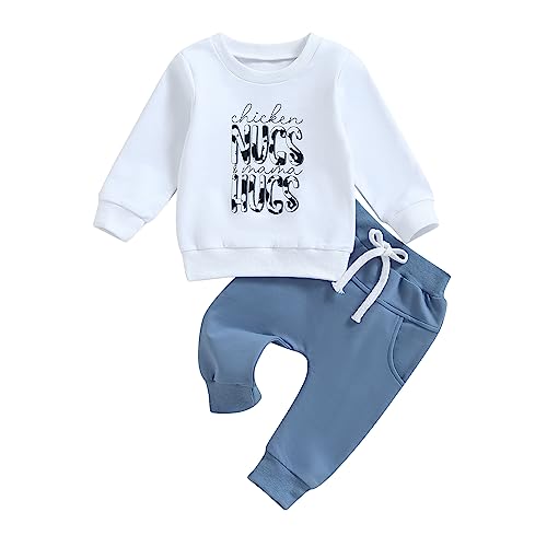 Image of Toddler Baby Boy Outfit Set Letter Print Sweatshirt Top Elastic Waist Pants Cute Infant Newborn Fall Winter Clothes (White, 6-12 Months)