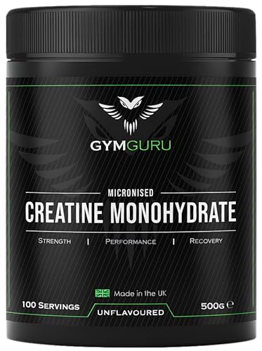 Gym Guru® Creatine Monohydrate Powder (UK Made), 500g, Unflavoured, Micronized - 5g Creatine Powder Per Serving (5000mg) - Vegan, Gluten Free - Increase Muscular Physical Performance