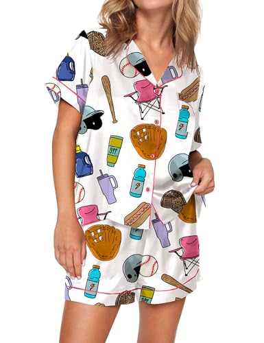 Image of SHESHOW Pajamas for Women Set Satin Button Down Short Sleeve Top and Shorts Pjs Sets Sport Ball Print Sleepwear XS-XXL