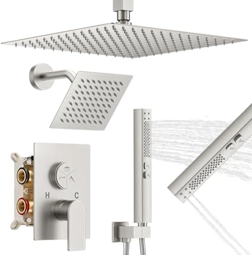 Shower Faucet Set,3-Setting Push Button Brushed Nickel Shower System, 12 Inch Ceiling Mounted Shower Head, 6 Inch Wall Mounted Rain Shower Head with 2 in 1 Handheld Spray, Shower Valve Trim Kit