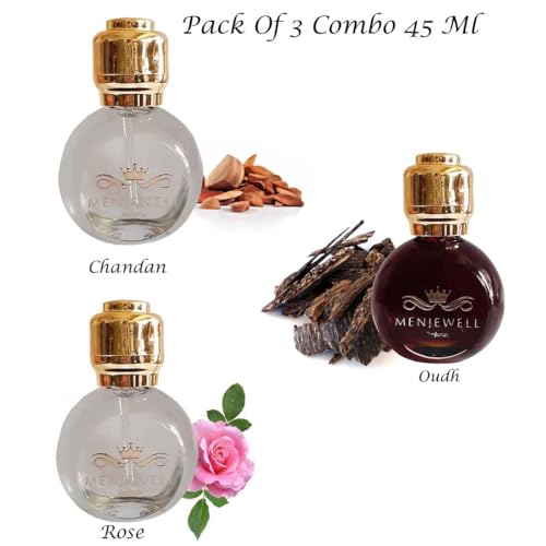 Image of Menjewell Chandan, Oudh and Rose Attar /Ittar Perfume for Men and Women | Unisex Gift Set | Non alcoholic | Long Lasting Luxury Scent | Roll-On Attar Perfume 45ml(15ml each)