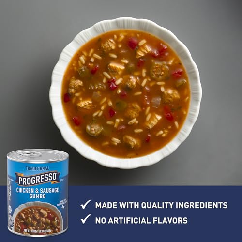 Image of Progresso Traditional Chicken & Sausage Gumbo Soup, Gluten Free, 19 oz | Andouille sausage, rice & tender chicken, 110 calories per serving, No artificial flavors, Ready to serve