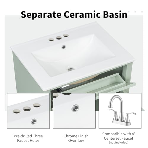 Image of Favfurish 24 inch Sage Green Bathroom Vanity with Ceramic Sink, Rubberwood Frame Freestanding Storage Cabinet w /3 Drawers & Tilt-Out Drawer, Adjustable Shelf, Heavy-Duty 150 lb Capacity for Small Space