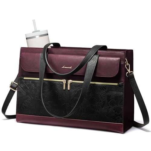 Image of LOVEVOOK Laptop Tote for Women 15.6 Inch, PU Leather Waterproof Work Tote with Large Tumbler Pocket, Peony Embossed Textured Computer Bag, Organized Teacher Office Business Crossbody Handbag
