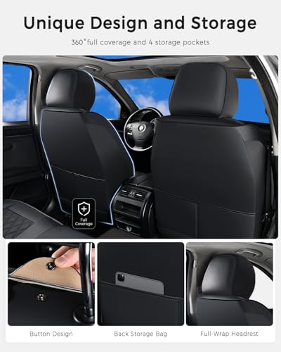 Image of Huidasource Front Seat Covers, 5 Layers Car Seat Covers Front Seats, Driver Seat Cover Leather, Front Seat Cover 360 Full Package Universal Fit for Most Cars, Vans, Trucks, SUVs (Front Pair /Black)
