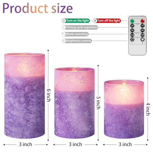 Image of Purple Flameless Candles With Remote LED Battery Operated Pillar Candles | Sea Salt Glass Design, Realistic Flicker, 10-Key Remote With Timer & Brightness Control For Fireplace, Home & Holiday Decor